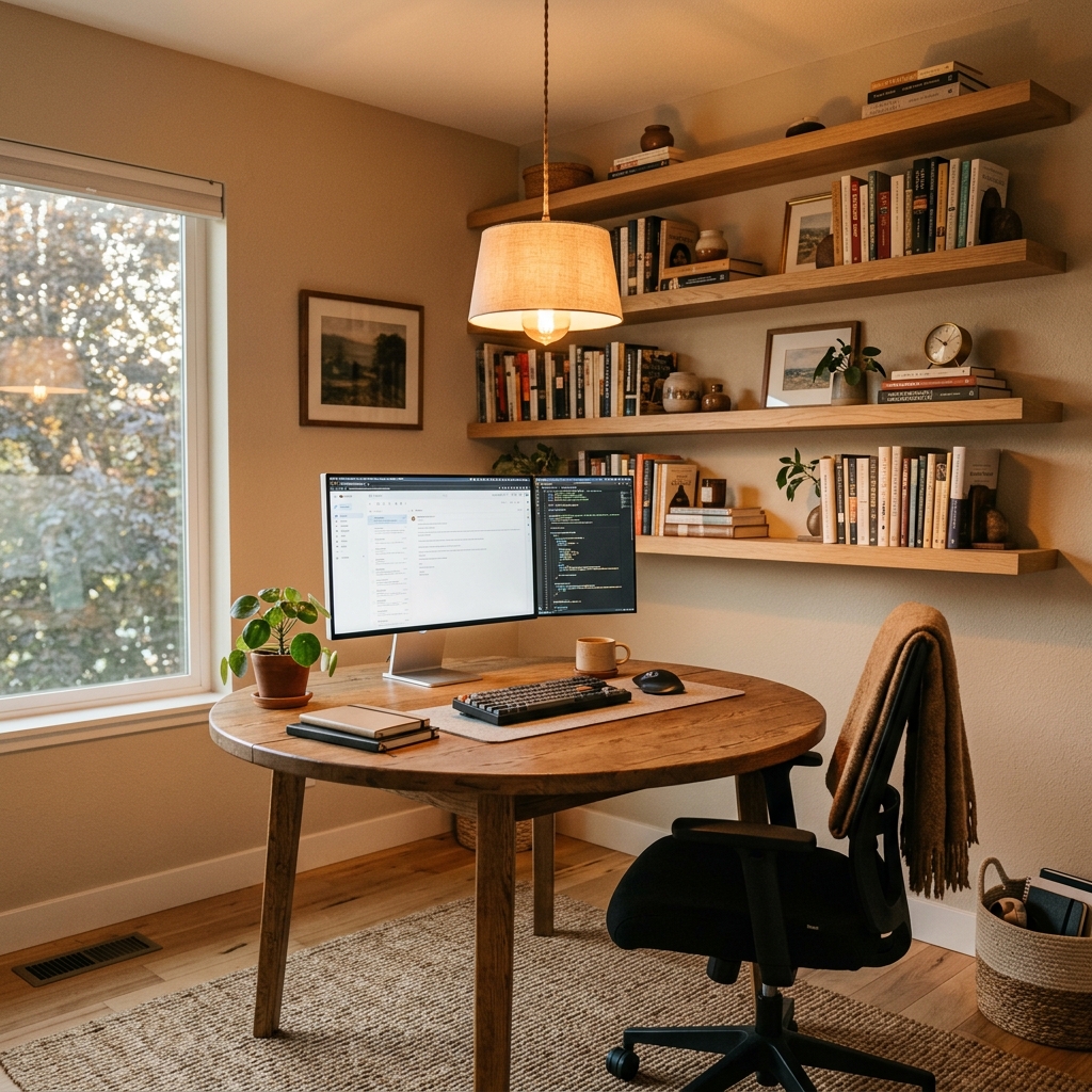 Desk lamp illuminating a work surface in a home office