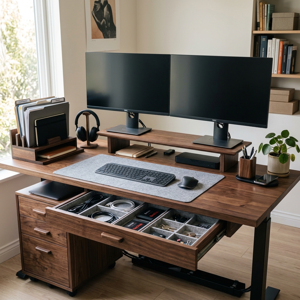 Well-organized desk with bamboo organizer, monitor riser and succulents