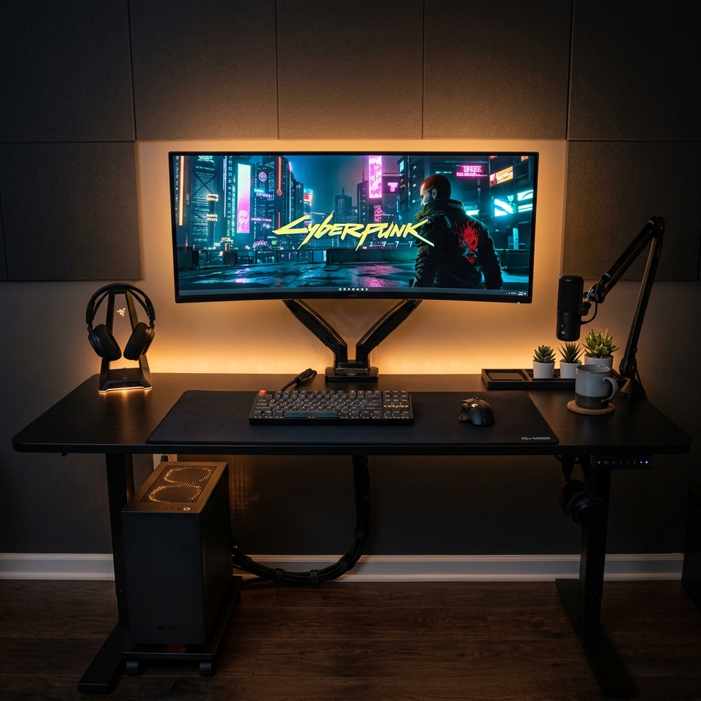 Premium gaming desk setup with dual monitors and subtle RGB lighting in a dark room