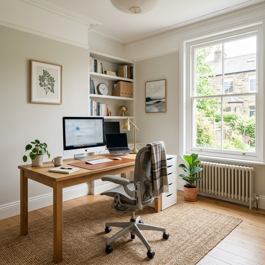 Small home office in a UK alcove with natural light and oak desk