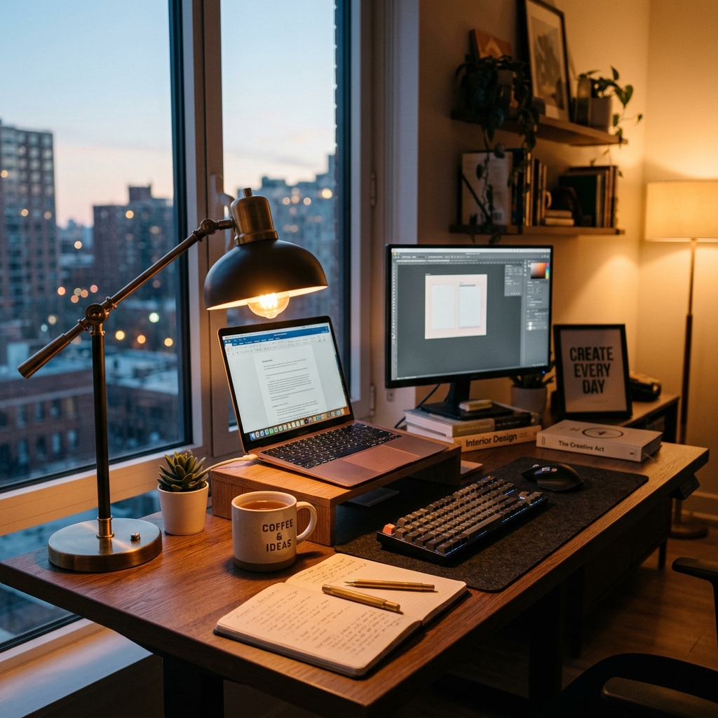 Home office with layered warm lighting including arc lamp and LED strip at dusk