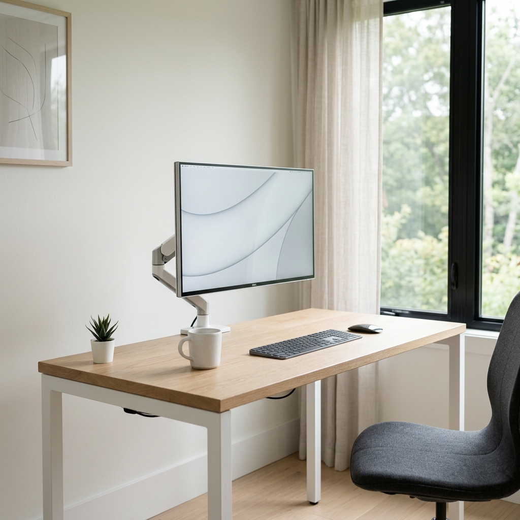 Ultra-minimalist desk in a small alcove with single monitor and neutral tones