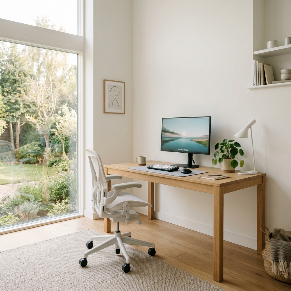 Organised desk with monitor arm and cable management