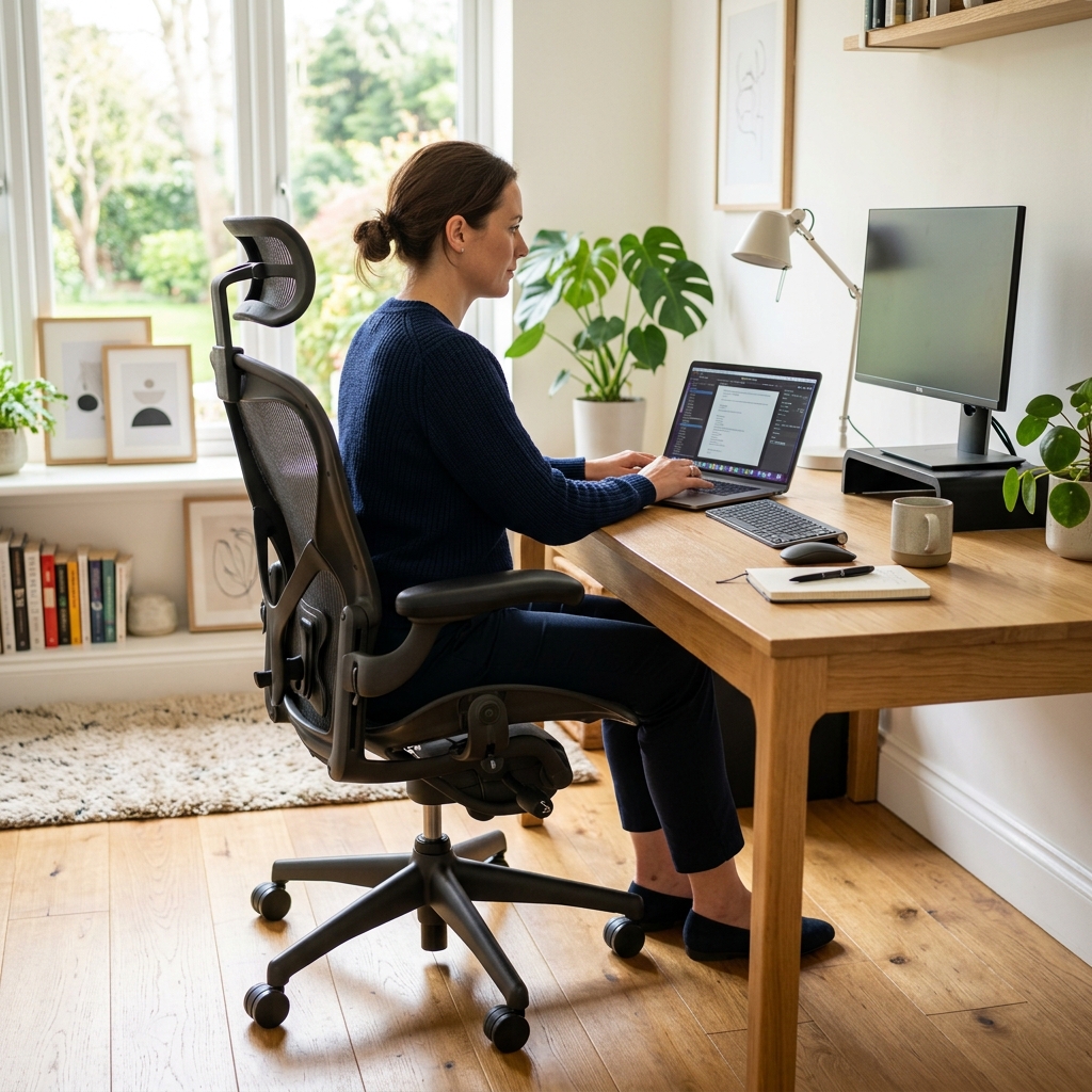 L-shaped corner desk setup in a home office with dual monitors