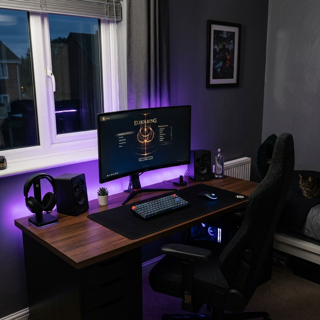 L-shaped corner desk setup in a home office with dual monitors