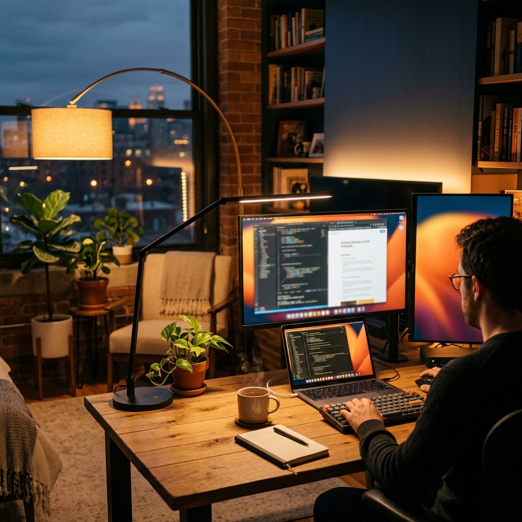 Warm cosy home office with decorative lighting
