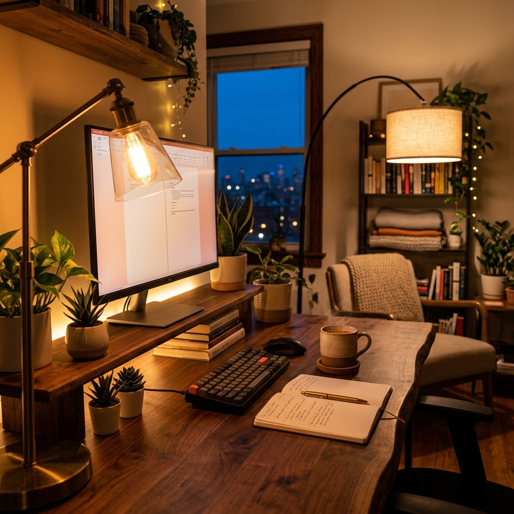 Warm cosy home office with decorative lighting