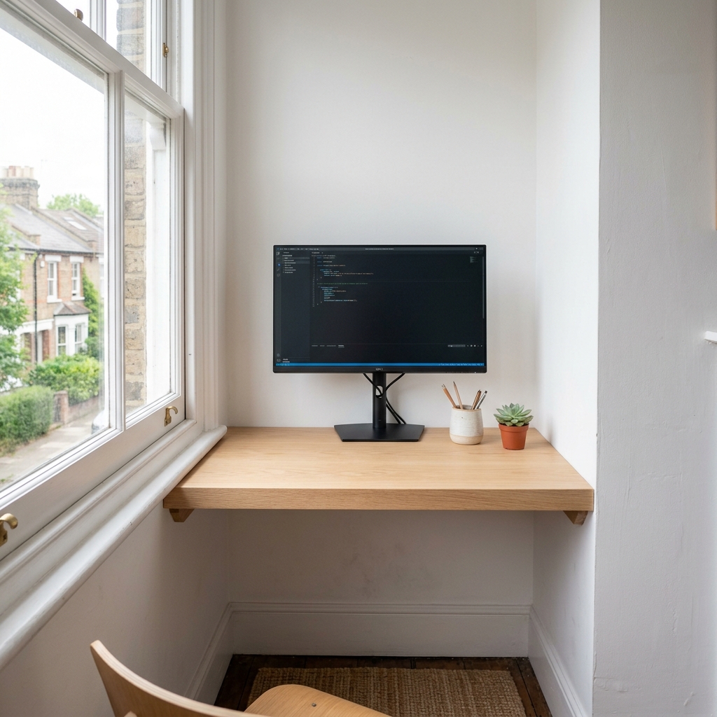 Warm cosy home office with layered ambient lighting and plants