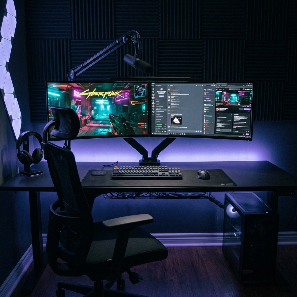 Compact desk set up in a bedroom corner with monitor and natural light