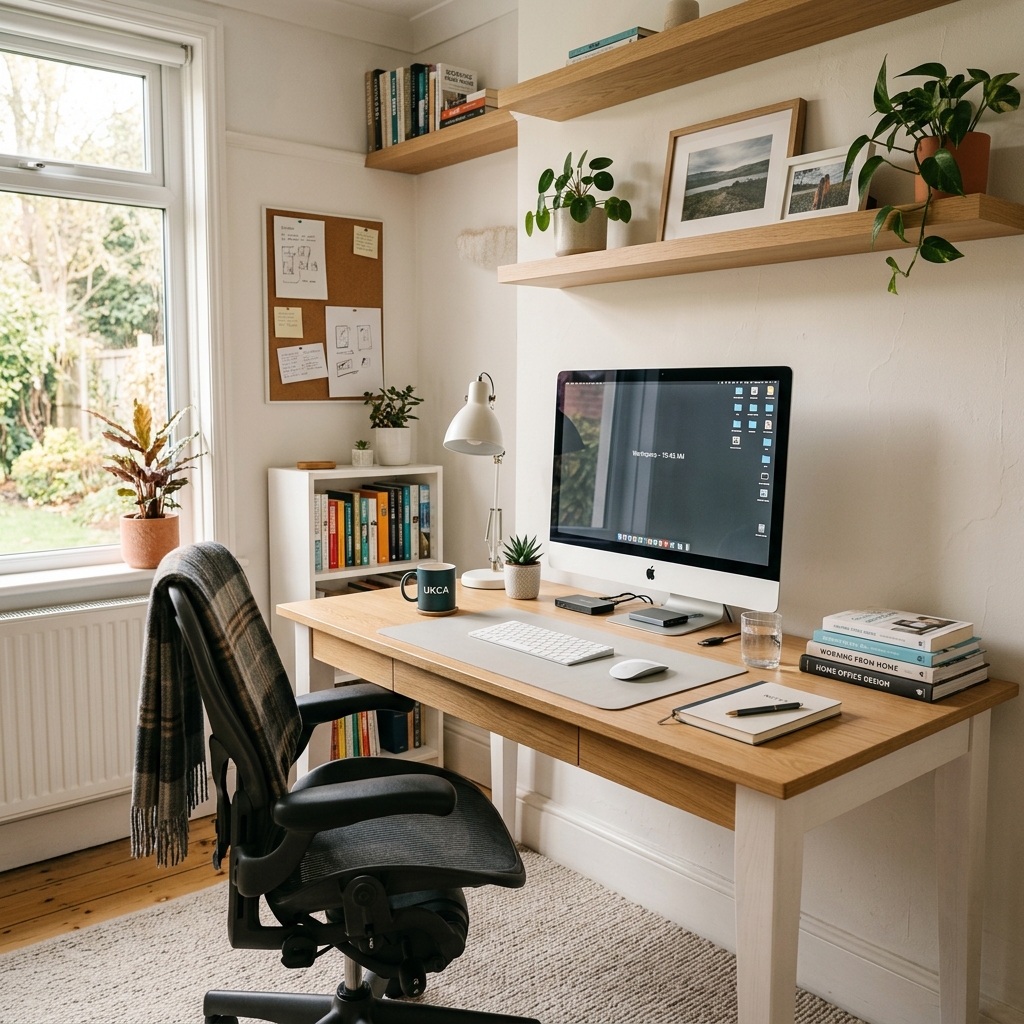 Bright minimalist home office with light oak desk, single monitor, ergonomic chair and natural window light