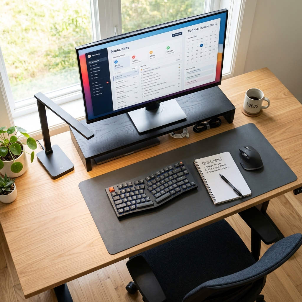LED desk lamp with adjustable brightness on a clean white desk