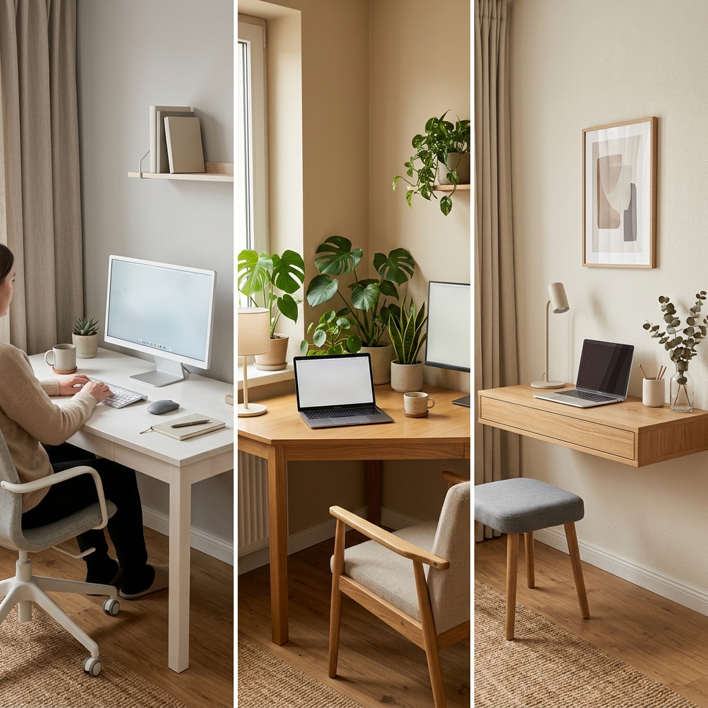 Floating wall shelf above a compact home office desk with books and plant